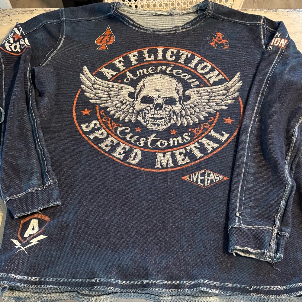 Affliction Speed Metal long sleeve, bold graphics, distressed style, size 2XL